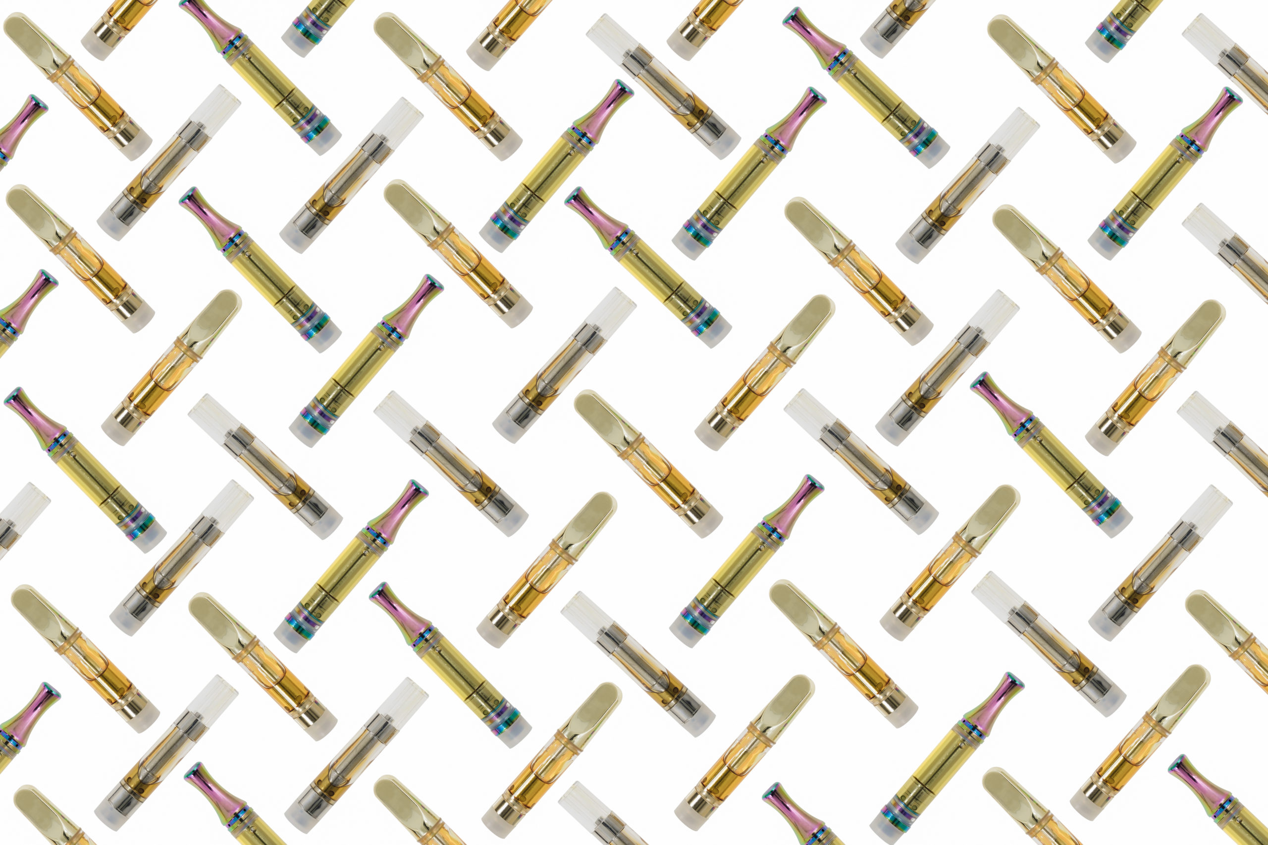CBD/THC oil in glass cartridge on white background. Abstract background.