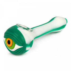 Lit Silicone 4.75" White & Green Eyeball Hand Pipe w/ Glass Bowl.jpeg